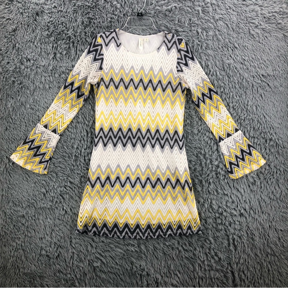 Tacera Dress Womens Small Open Knit Layered Chevron Bell Sleeve